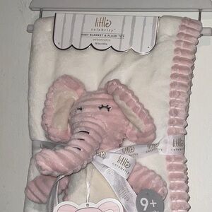 BABY GIRL PINK PLUSH RIBBED ELEPHANT TOY WHITE PLUSH 30x40 BLANKET NWT